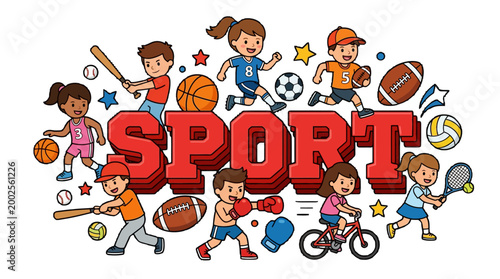 Vibrant Cartoon Illustration of Diverse Children Enjoying Various Sports and Recreational Activities