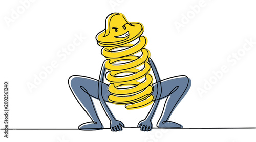 Dynamic yellow spring character illustration in a ready-to-jump squatting pose expressing energy and potential