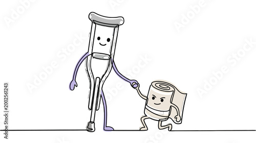 Illustrated characters of crutch and bandage holding hands and walking