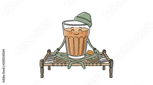 Mindful cartoon tea character meditating on a traditional cot, embodying tranquility