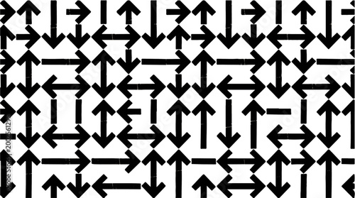 Abstract black and white directional arrows pattern creating a complex maze-like design