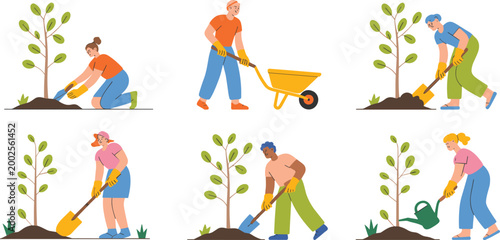 Set of people planting trees gardening with shovels and wheelbarrows for environmental protection reforestation and community sustainability outdoor activities