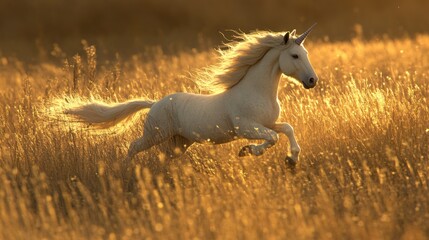 Majestic White Unicorn Running Through Golden Field at Sunset