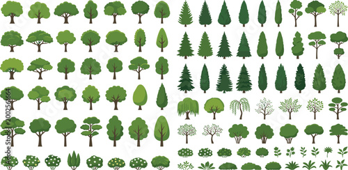 Foto Large flat vector tree and shrub collection featuring diverse oak pine cypress and garden bush icons for professional landscape architectural site planning and nature map illustrations
