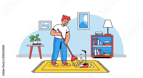Friendly cartoon human character sweeping the floor with a broom in a tidy room with bright colors and a white background.