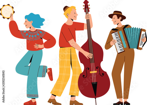 Folk music band performing, musicians with instruments illustration, cultural festival scene with accordion, tambourine and double bass