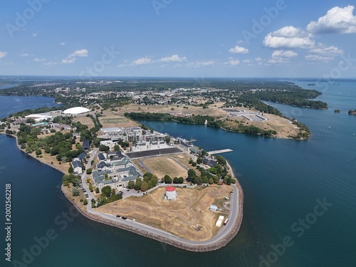 Aerial view of Kingston Ontario waterfront marina, harbor and city skyline on Lake Ontario, Canada. g.