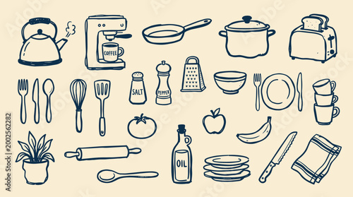 Hand drawn kitchen utensils and appliances collection doodle style for cooking and food preparation