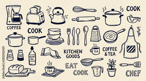 Hand drawn sketch of kitchen utensils and cooking ingredients for culinary art and food preparation on a light background