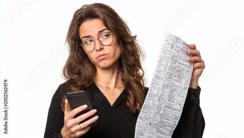
A woman looks confused or worried while staring at a long receipt and a smartphone.
The expression suggests surprise or difficulty in understanding the information.