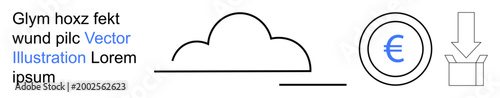 Data storage, financial transactions, cloud computing, downloading, European market, digital economy. Cloud outline, Euro coin and download icon. Digital economy and financial transactions concept