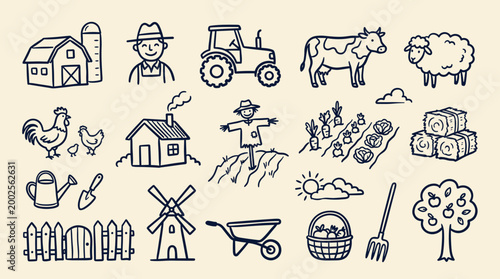 Charming hand-drawn farm scene featuring essential elements like a barn tractor cow sheep farmer chicken house scarecrow garden and essential tools for a rural lifestyle concept