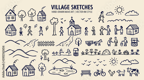 Charming village sketches hand drawn ink style depicting rural life with houses, people, animals, and nature scenes for a nostalgic and idyllic atmosphere