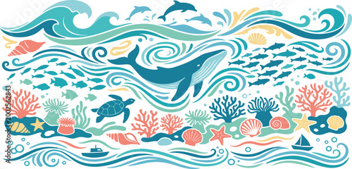 Underwater marine life banner vector featuring blue whale, swimming dolphins, sea turtle, coral reef, schools of fish, and ocean waves in a decorative horizontal flat design.