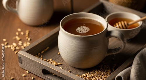 Romanian bragă fermented grain drink, amber cloudy liquid in handcrafted ceramic mug with rustic texture and subtle foam