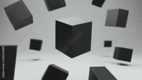 Abstract Cube Composition: An artistic assembly of dark cubes floats in a dynamic arrangement, presenting a contemporary study in form, dimension, and balance.  Generative AI.
