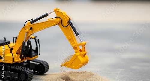 Toy construction excavator digging in sand with motion blur effect