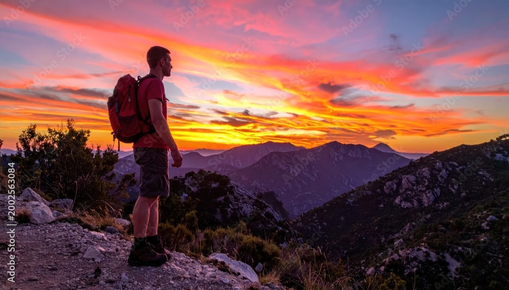 Fototapeta premium Hiker admires vibrant sunset over mountain range.