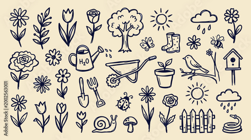 Charming hand drawn doodle collection of garden elements flowers plants tree watering can wheelbarrow boots and wildlife for spring and summer themes