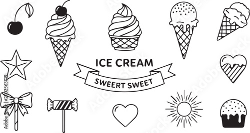 Ice Cream Sweet Dessert Outline Icons Set Isolated on White Background