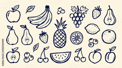 Hand drawn doodle style collection of fresh fruits and berries on a light background healthy food concept