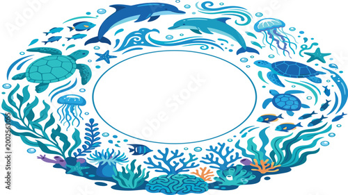 Underwater marine life circle wreath vector featuring dolphins sea turtles jellyfish tropical fish and coral reef elements in shades of blue for ocean themed frame and border designs.