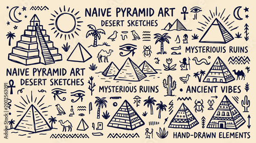 Whimsical hand drawn collection of ancient Egyptian pyramids desert landscapes and cultural symbols evoking a sense of mystery and adventure