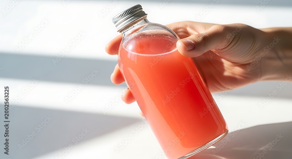 Obraz premium Hand holding a refreshing bottle of pink juice in bright sunlight.