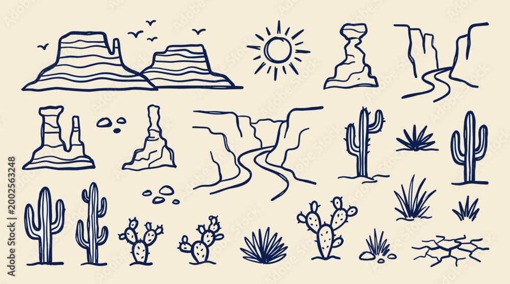 Fototapeta premium Hand drawn desert landscape elements with canyons mesas cacti and sun perfect for western themes and nature illustrations