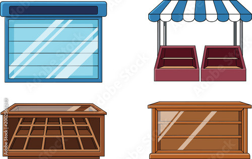 Storefront and Display Counter Icon Set Featuring Market Stalls, Shop Windows, and Retail Store Designs for Business and Retail Applications