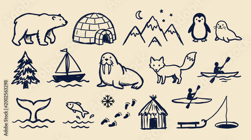 Charming hand drawn collection of arctic animals, winter landscape elements, and outdoor activities in a simple doodle style