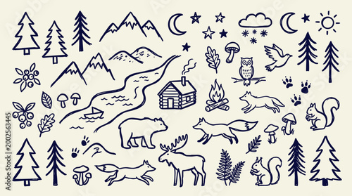 Charming Hand Drawn Forest Elements Collection Featuring Wildlife Mountains River Cabin and Nature Icons for Rustic Designs