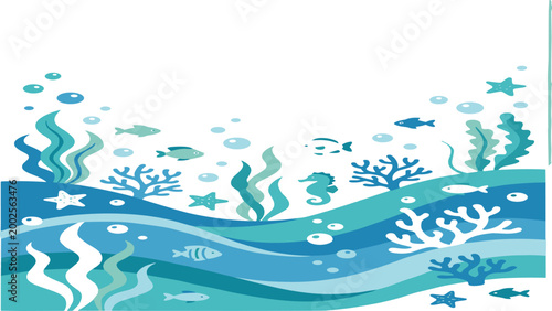 Underwater ocean wave border vector with decorative coral reef, sea creatures, bubbles, and tropical fish in a blue horizontal flat design for marine life backgrounds.