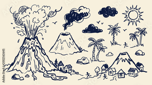 Hand drawn sketch of a volcanic eruption destroying a village with palm trees and sun in the background