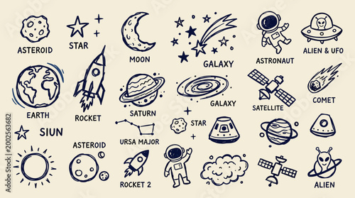 Doodle illustration of space objects and astronauts with rockets and planets, hand drawn style for kids educational content and science exploration themes