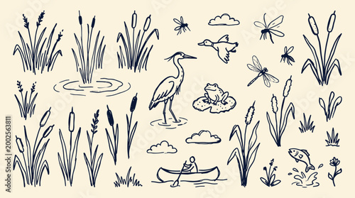 Charming hand drawn sketch of a serene wetland ecosystem with a heron, frog, duck, dragonfly, and fish amidst reeds and lily pads, evoking nature and tranquility