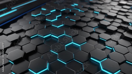 Abstract Hexagon Geometry: A captivating composition of dark hexagonal shapes illuminated by an electric blue glow, forming an abstract representation. Generative AI.