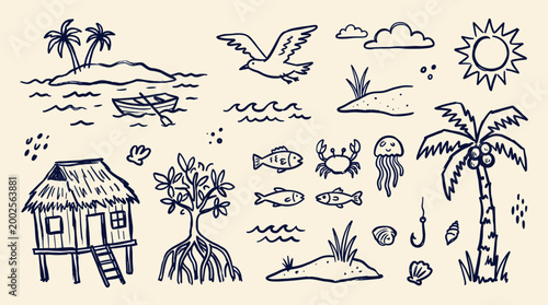 Hand drawn tropical island elements including a hut palm trees boat fish crab jellyfish and a seagull for summer vacation and travel themes