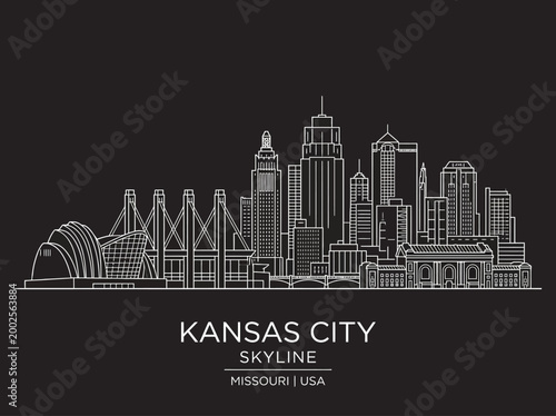 Photos Kansas City Missouri Skyline Line Art Illustration - Minimalist White Outline Ci