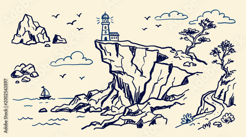 Hand drawn sketch of a lighthouse on a cliff overlooking the sea with a sailboat and clouds in a charming coastal landscape