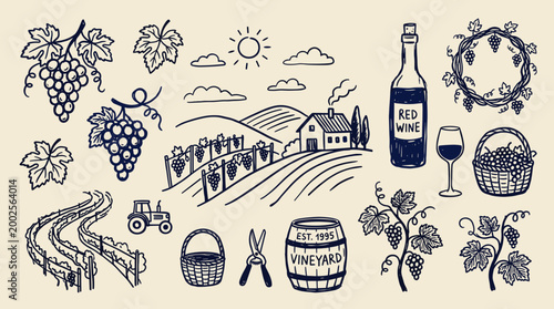 Hand drawn sketch of a vineyard landscape with grapes, wine bottle, barrel and farm elements, celebrating winemaking and agriculture