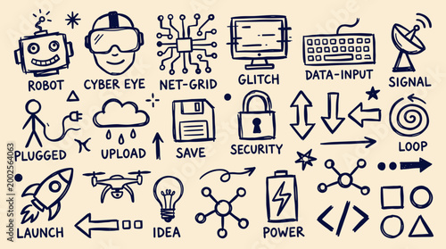 Hand drawn icons representing technology concepts like robot cyber eye net grid computer data input signal plugged upload save security loop rocket drone lightbulb power and code