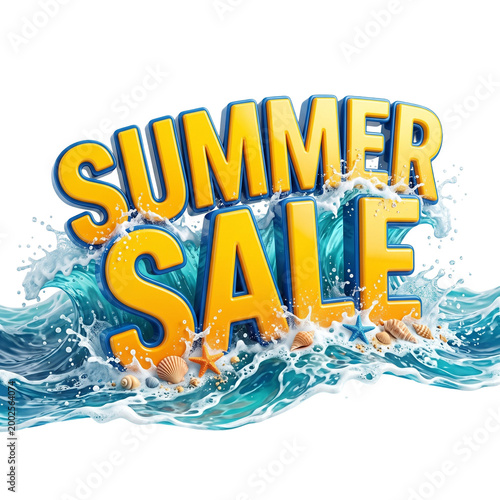 Bright 3D Summer Sale Sign With Ocean Waves, Seashells and Splashing Water for Promotions