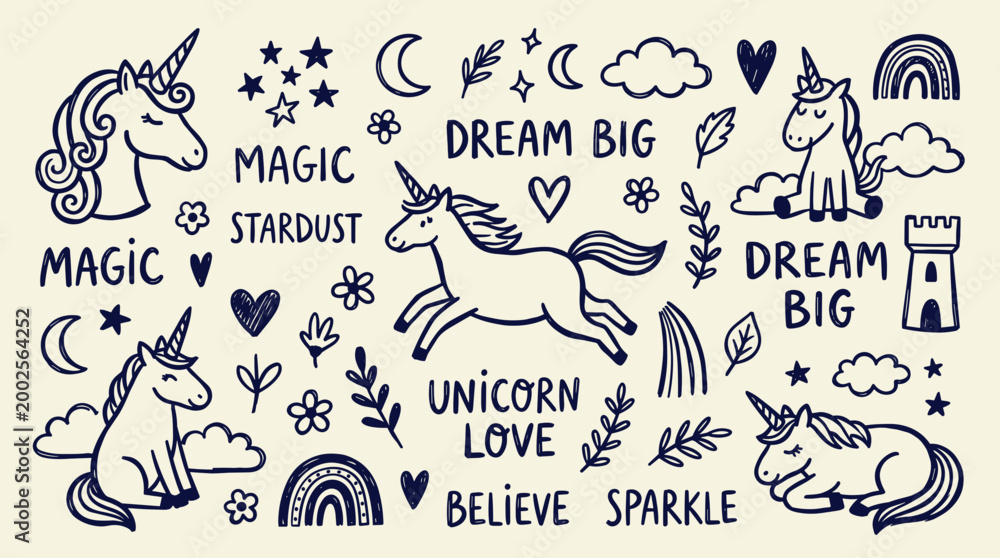 Fototapeta premium Whimsical unicorn doodles and inspirational phrases like dream big and magic stardust on a textured background