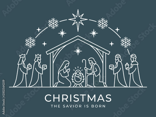 Modern Christmas Nativity Scene Line Art Illustration featuring Mary, Joseph, Baby Jesus, Three Wise Men, and Star of Bethlehem on Dark Background