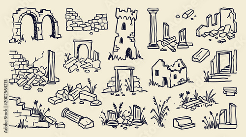 Collection of hand-drawn ancient ruins and architectural fragments showing crumbling stone structures columns and arches in a sketch art style