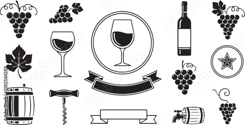 Wine Vineyard Grape Silhouette Elements Set Isolated on White Background