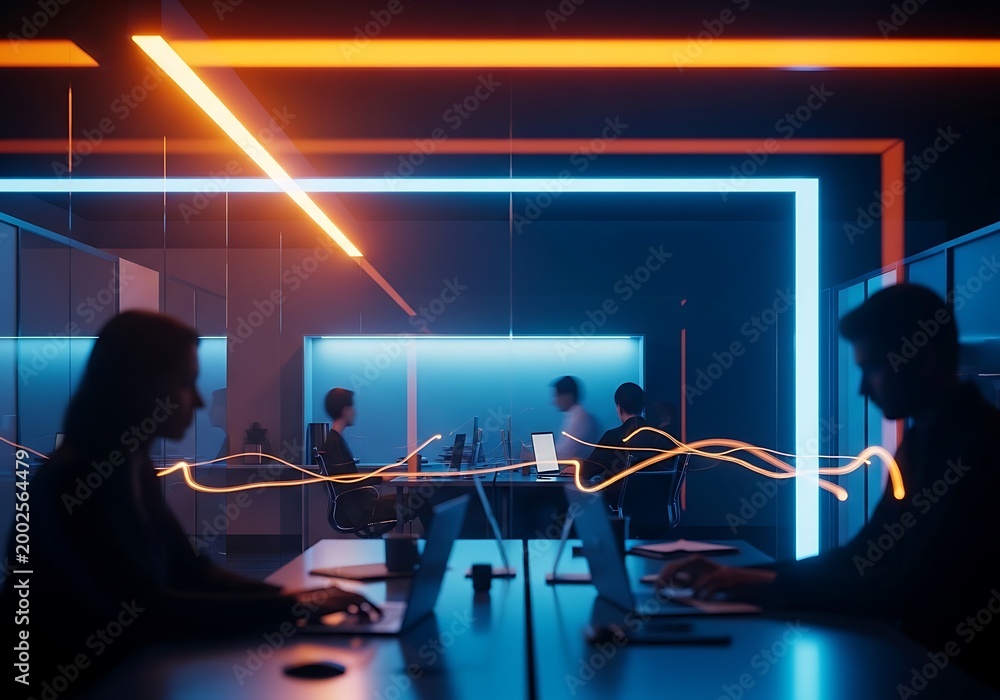 Fototapeta premium Silhouetted professionals working on laptops in a futuristic office illuminated by vibrant neon lights and abstract data trails.
