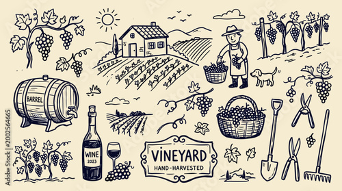 Vintage vineyard illustration with farmer harvesting grapes, wine barrel, bottle, glass, and tools, celebrating traditional winemaking and rural life
