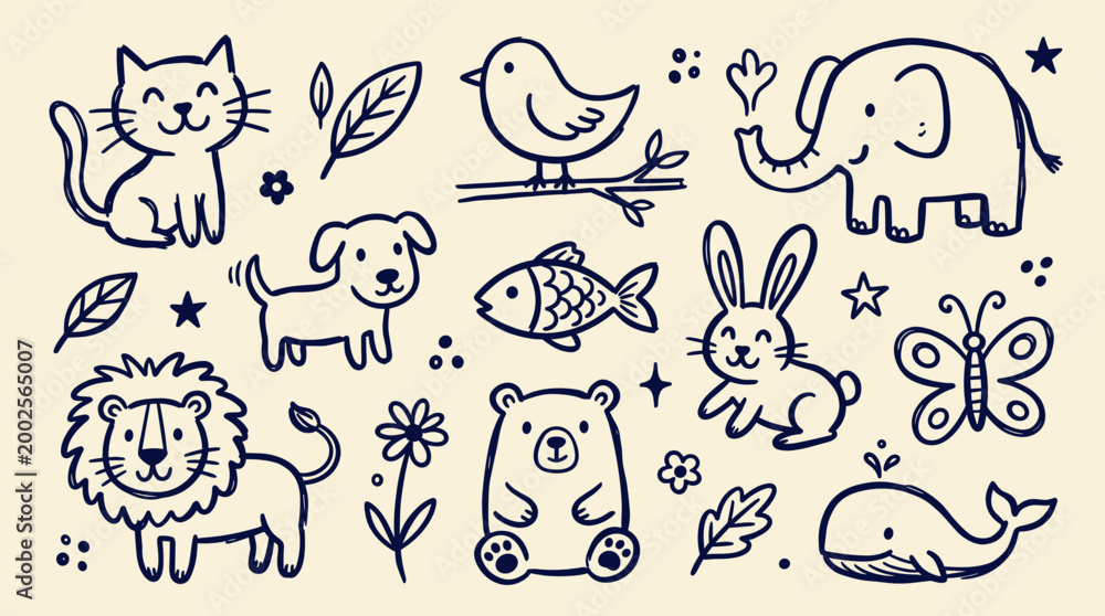 Fototapeta premium Cute hand drawn animal doodles collection featuring a cat dog elephant bunny bear lion whale and butterfly perfect for children's designs and educational materials